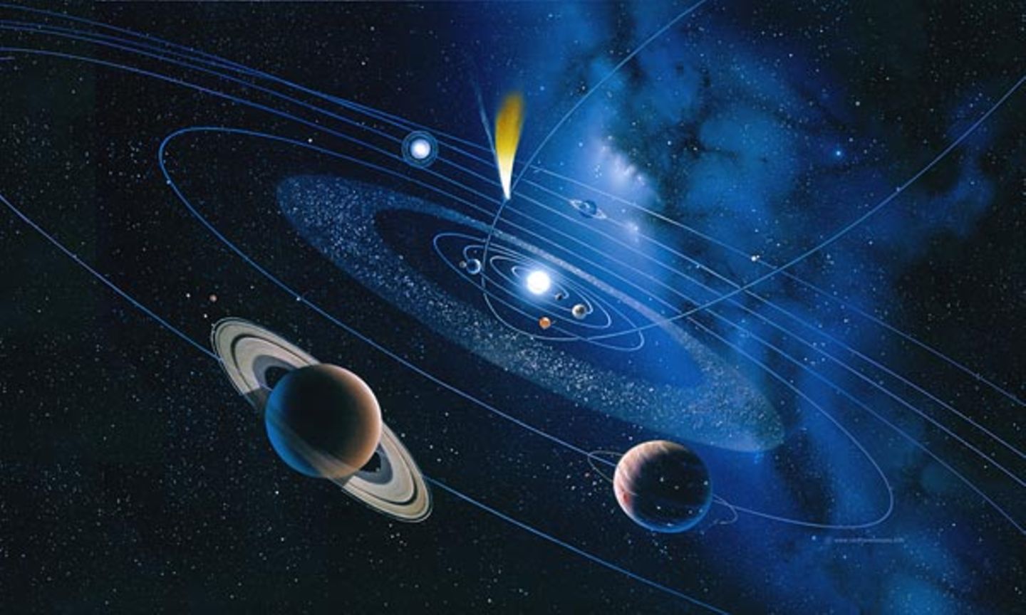 Zahlreiche Himmelskörper kreuzen die Bahn der Erde. In der Grafik ist ein Komet mit dem stets von der Sonne abgewandten Schweif gerade dabei, ins innere Sonnensystem vorzustoßen