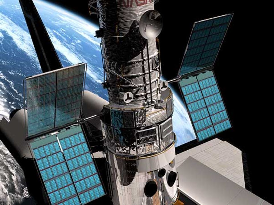 Hubble: Hubbles neue Sonnenkollektoren entfalten sich während der Wartungsmission 3B im Jahr 2002 Hubble: Hubbles neue Sonnenkollektoren entfalten sich während der Wartungsmission 3B im Jahr 2002