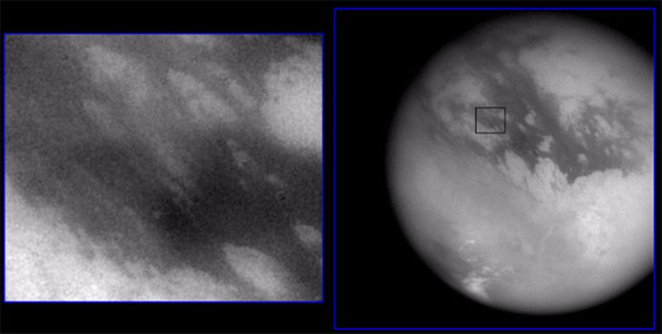 Titan in einer Gesamtansicht (r.) und die Landestelle der "Huygens"-Sonde im Detail. Der Ausschnitt ist rund 400 Kilometer breit
