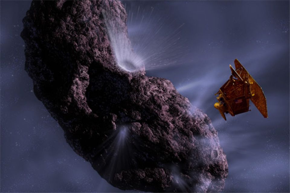 Die Zeichnung des amerikanischen Künstlers Pat Rawling zeigt, wie der Einschlag des Kupferkörpers auf den Kometen voraussichtlich aussehen wird. Die Sonne bringt die herausgeschleuderten Staub- und Gesteinsteilchen zum Leuchten. Daneben schwebt die Sonde "Deep Impact" und schießt Fotos vom Aufprall