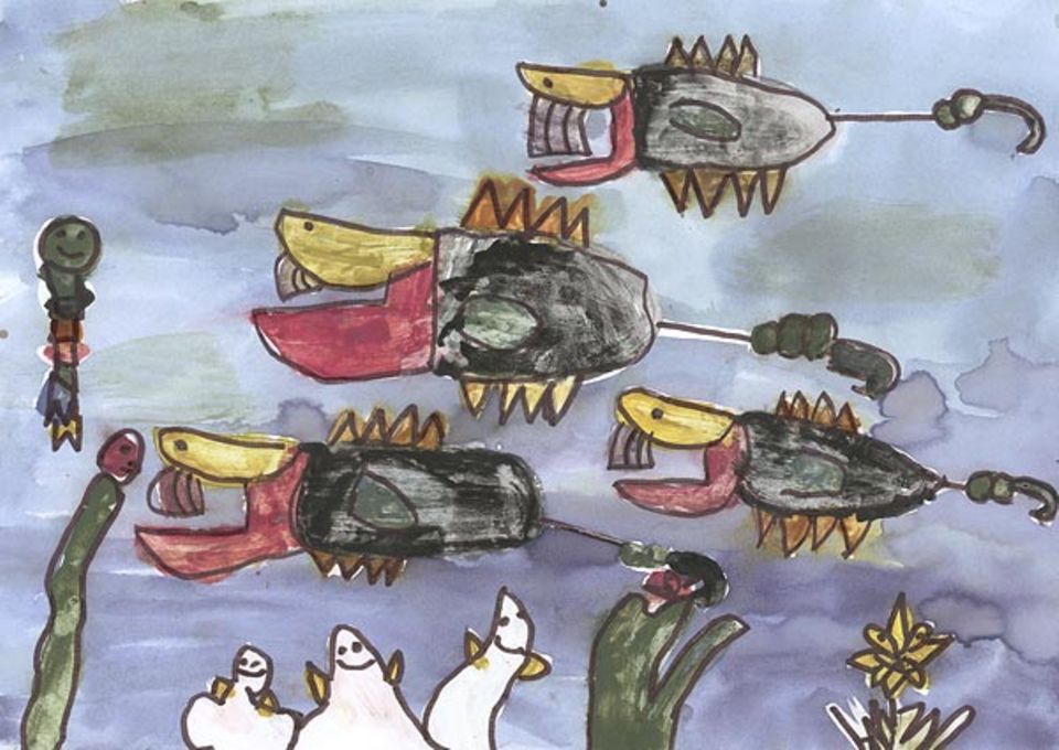 Einen ganzen Schwarm von krummzähnigen Hakenflossern hat Viola Scholl aus Petersaurach gemalt. Die Fische müssen aber bestimmt ganz schön aufpassen, dass sie mit ihren langen Haken nirgendwo hängen bleiben