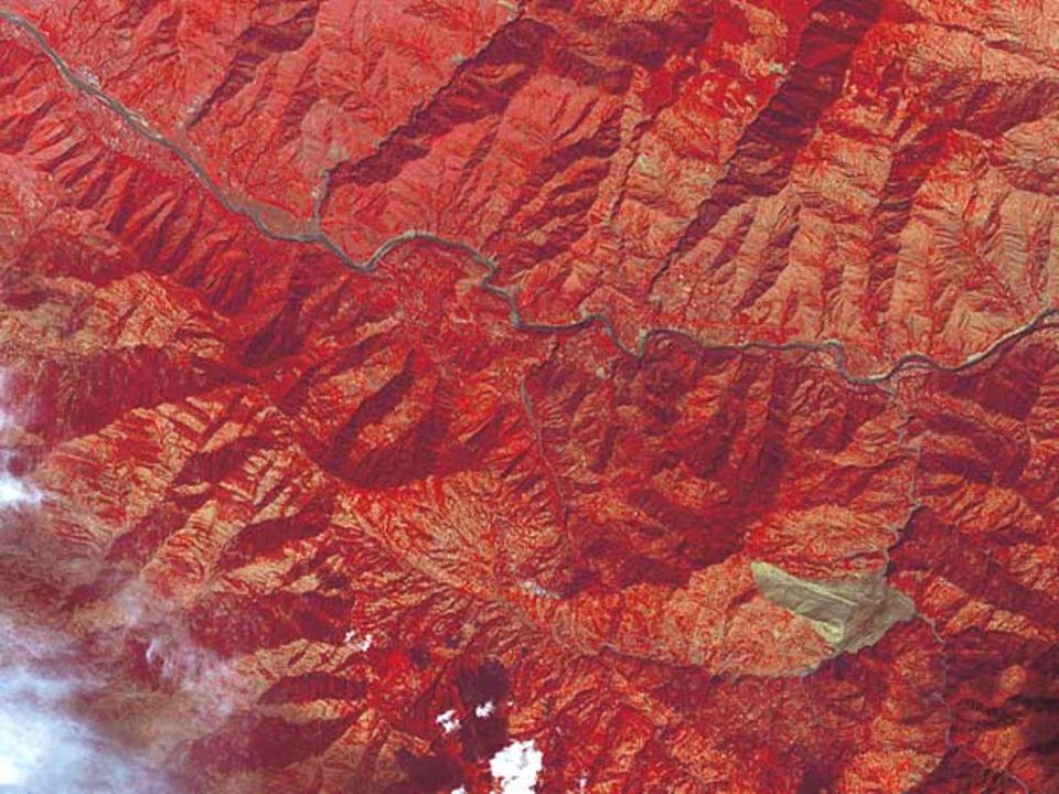 Das Beben im Grenzgebiet zwischen Pakistan und Indien hatte die Stärke 7,6. Die radiometrische Aufnahme zeigt südlich des Flusses Jhelum einen gewaltigen Erdrutsch (graugrün) Das Beben im Grenzgebiet zwischen Pakistan und Indien hatte die Stärke 7,6. Die radiometrische Aufnahme zeigt südlich des Flusses Jhelum einen gewaltigen Erdrutsch (graugrün)