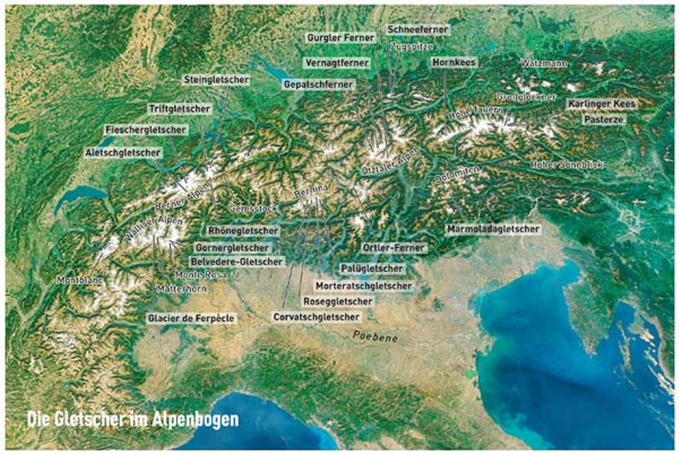 Die Satellitenbildaufnahme vom September 2003 zeigt die vergletscherten Gebiete der Alpen