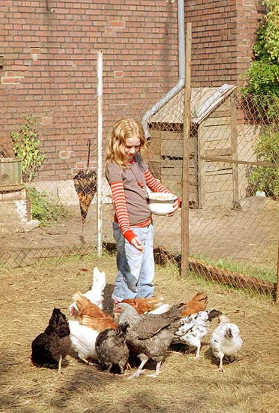 Sprotte füttert ihre geliebten Hühner, die Maskottchen ihrer Mädchenbande
