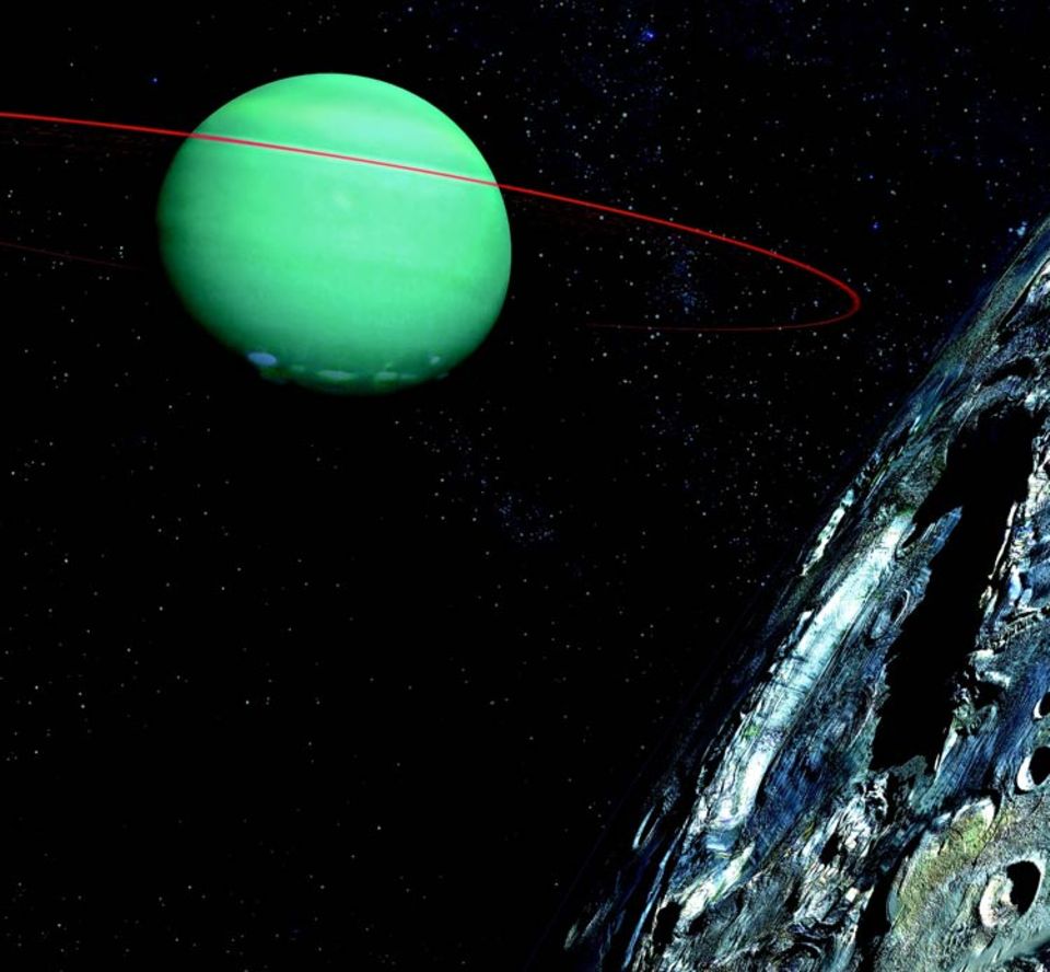 Darstellung eines Planeten außerhalb des Sonnensystems: ein zerfurchter Mond (rechts) begleitet einen riesigen Himmelskörper aus Gas. Astronomen haben bisher rund 170 exosolare Planeten entdeckt, doch Leben wäre wohl nur auf einem festen, erdähnlichen möglich Darstellung eines Planeten außerhalb des Sonnensystems: ein zerfurchter Mond (rechts) begleitet einen riesigen Himmelskörper aus Gas. Astronomen haben bisher rund 170 exosolare Planeten entdeckt, doch Leben wäre wohl nur auf einem festen, erdähnlichen möglich