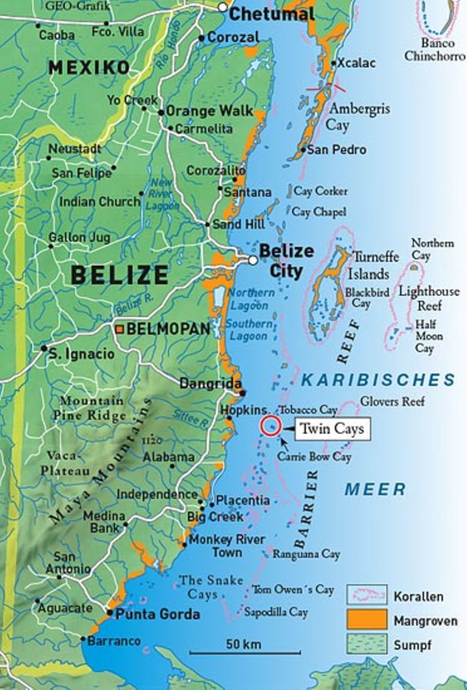 Vor der Küste von Belize dehnt sich ein 220 Kilometer langes Barriere-Riff. Auf dieser Plattform haben sich über 1000 Inseln gebildet Vor der Küste von Belize dehnt sich ein 220 Kilometer langes Barriere-Riff. Auf dieser Plattform haben sich über 1000 Inseln gebildet
