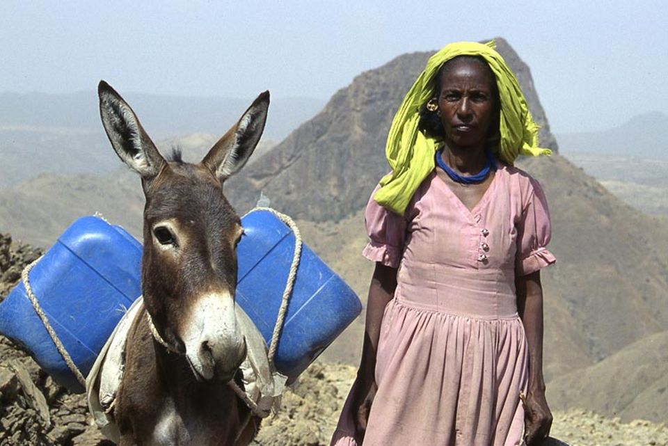 Mit ihrem Esel Fiori kann Lemlem zwei statt nur einen Kanister Wasser von der Quelle in ihr Dorf transportieren