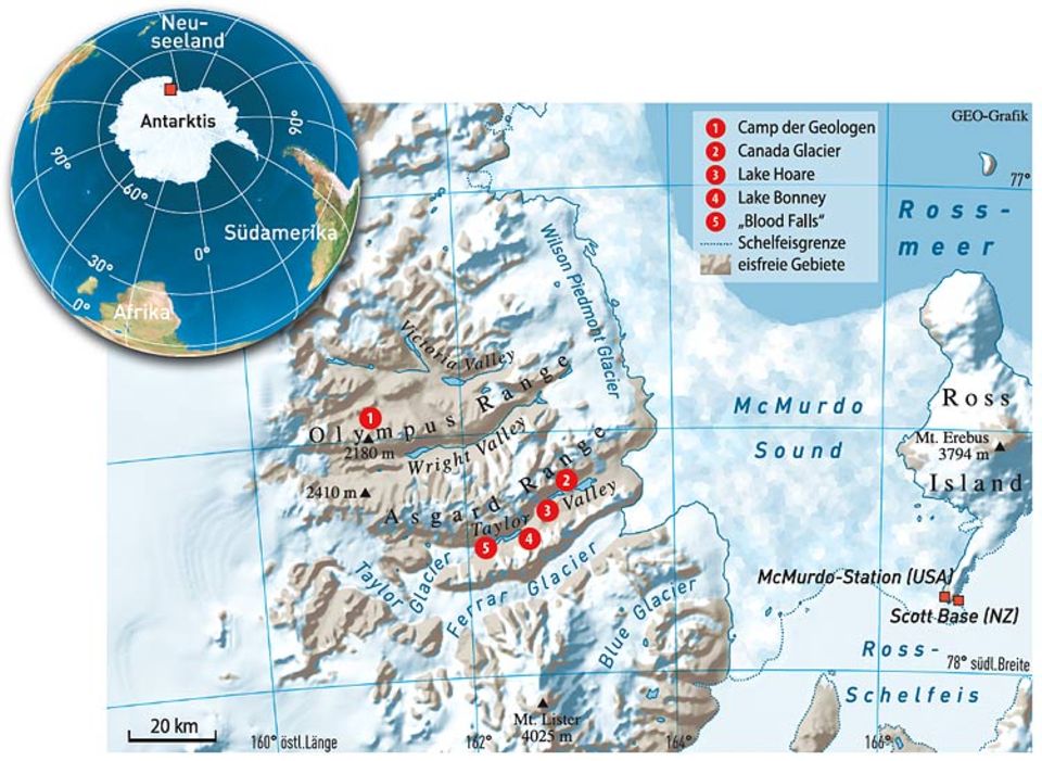 Die Antarctic Dry Valleys: Staubinseln im Eis, 3500 Kilometer von Neuseeland entfernt Die Antarctic Dry Valleys: Staubinseln im Eis, 3500 Kilometer von Neuseeland entfernt