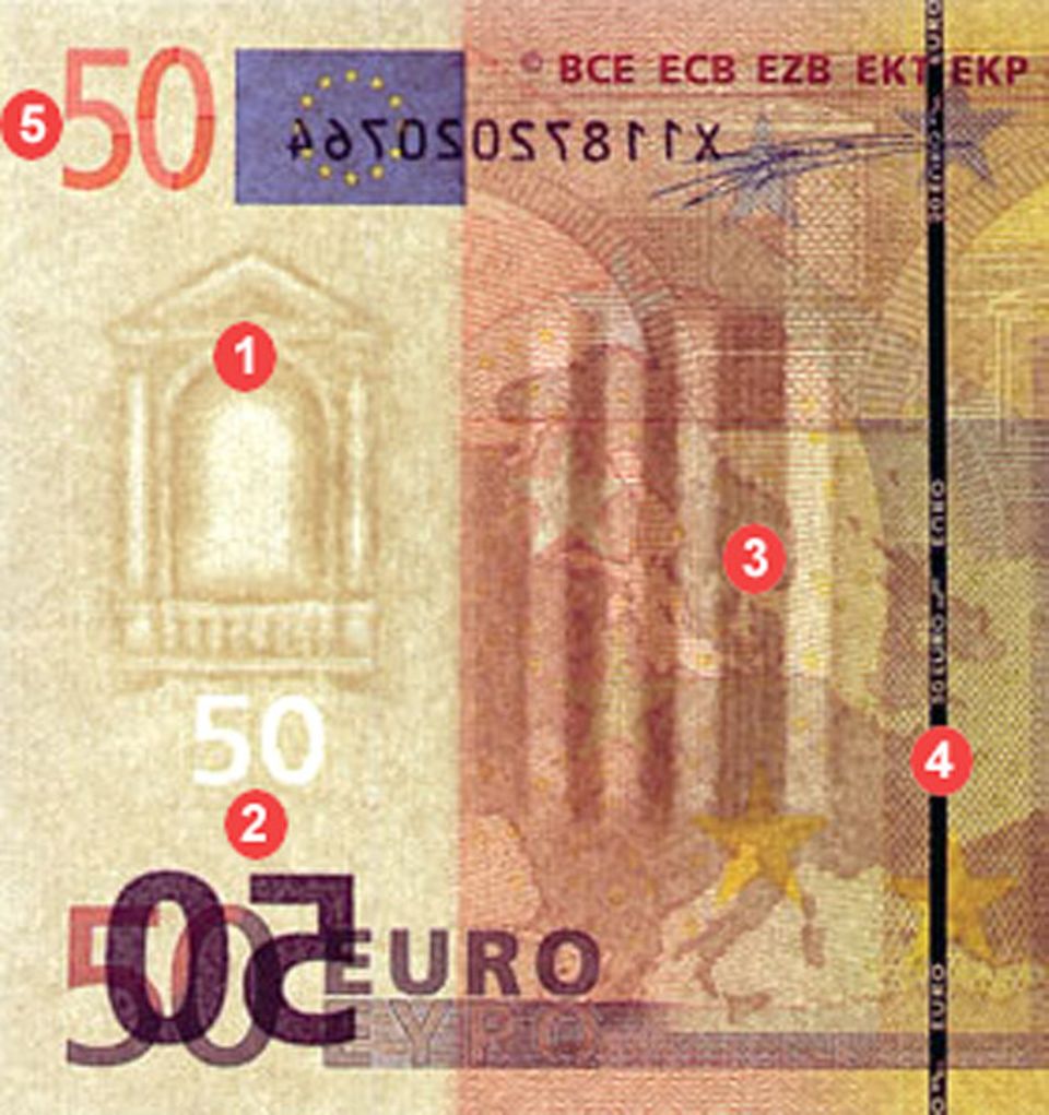 Geld: Wenn du einen Euroschein gegen das Licht hältst, kannst du gleich an fünf Sicherheitsmerkmalen sehen, ob er echt ist