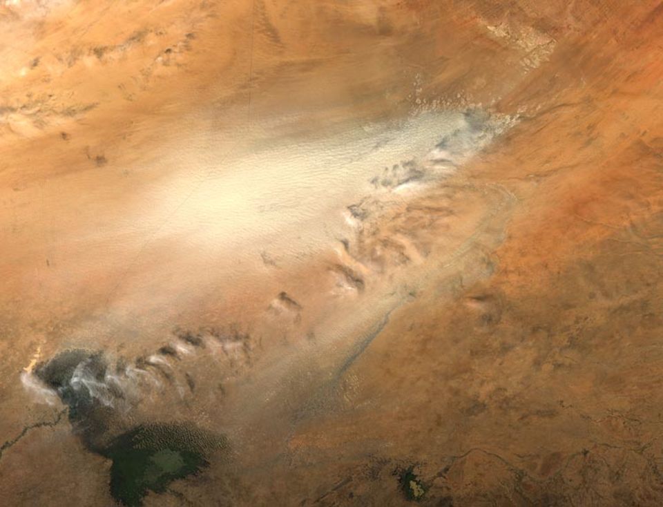 November 2004: Ein gewaltiger Sandsturm wütet in der Bodélé-Niederung. Das Foto machte das Moderate Resolution Imaging Spectroradiometer (MODIS) an Bord des NASA-Satelliten Aqua