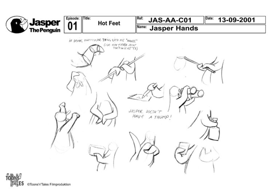 Filmproduktion: "Jasper hat keinen Daumen!", steht zwischen den Zeichnungen. An dieser Vorlage können die Zeichner sehen, wie Jaspers Hände ausehen müssen Filmproduktion: "Jasper hat keinen Daumen!", steht zwischen den Zeichnungen. An dieser Vorlage können die Zeichner sehen, wie Jaspers Hände ausehen müssen