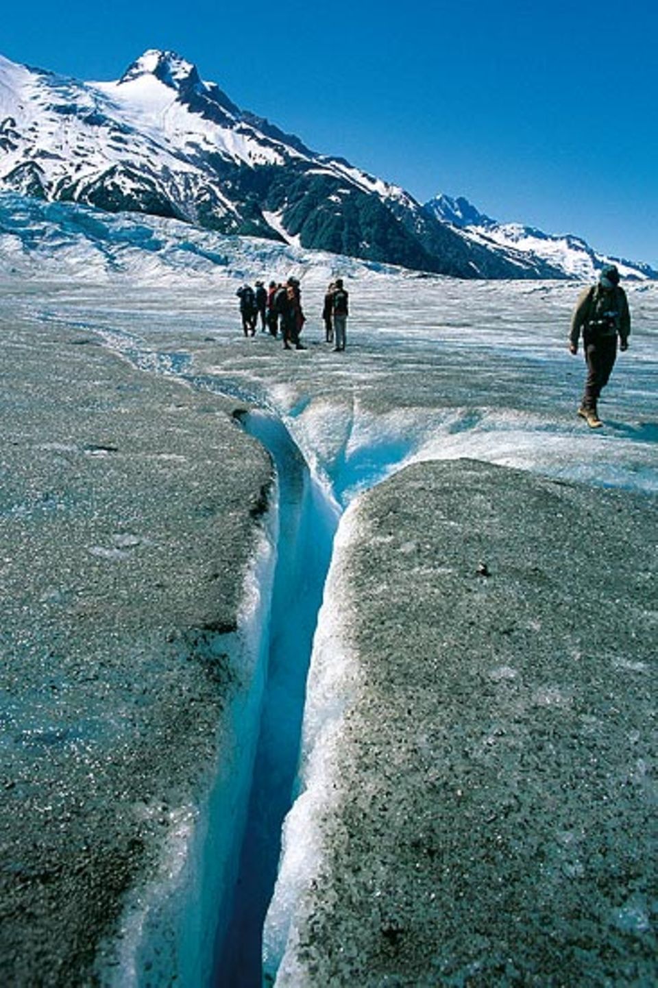 Beim Spaziergang über den Walker-Gletscher achtet die Gruppe auf tückische Spalten im Eis