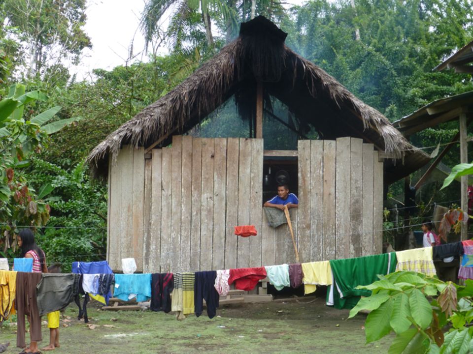 Die Kallari Kleinproduzenten leben mit ihren Familien in traditionellen Holzhäusern