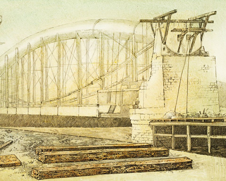 Geschichte: Schrittweise nach oben: Beim Bau der "Royal Albert Bridge" heben die Arbeiter die mächtigen Eisenträger immer nur ein Stück weit an, während sie den Pfeiler darunter weiterbauen. Bis die Brücke fertig ist, dauert es fünf Jahre Geschichte: Schrittweise nach oben: Beim Bau der "Royal Albert Bridge" heben die Arbeiter die mächtigen Eisenträger immer nur ein Stück weit an, während sie den Pfeiler darunter weiterbauen. Bis die Brücke fertig ist, dauert es fünf Jahre