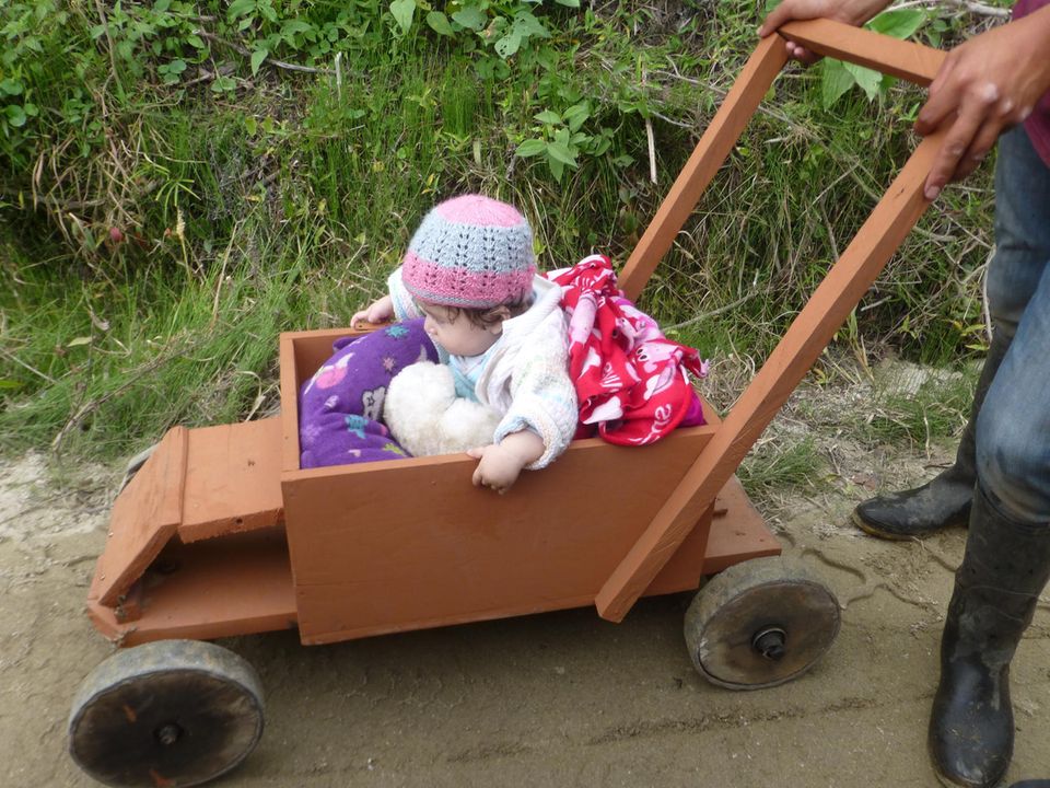 In einem Kinderwagen der Marke Eigenbau erkundet eine junge Intagbewohnerin die Umgebung