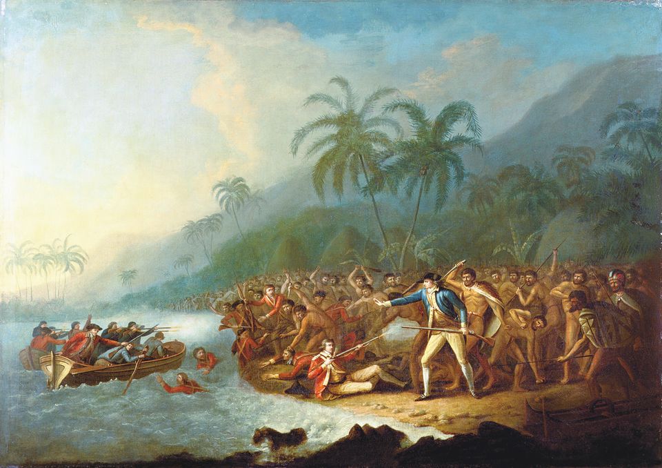 GEOEPOCHE KOLLEKTION Nr. 4: Seine letzte Expedition führt den Engländer James Cook in den Norden des Pazifiks. Nach dem Diebstahl eines Beiboots geht der Kapitän (blaue Jacke) auf Hawaii mit Gewalt gegen die Inselbewohner vor. Ein fataler Fehler GEOEPOCHE KOLLEKTION Nr. 4: Seine letzte Expedition führt den Engländer James Cook in den Norden des Pazifiks. Nach dem Diebstahl eines Beiboots geht der Kapitän (blaue Jacke) auf Hawaii mit Gewalt gegen die Inselbewohner vor. Ein fataler Fehler