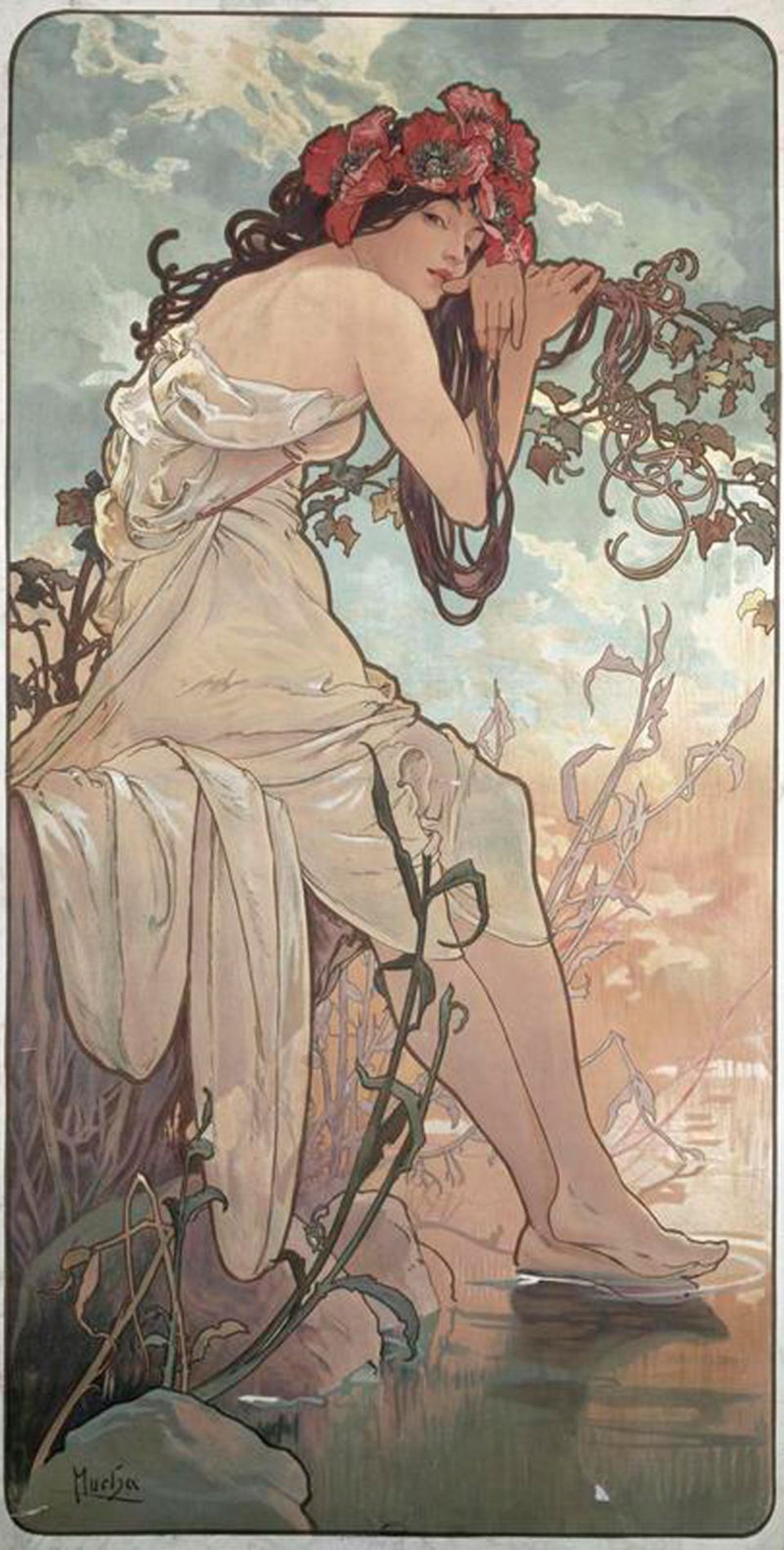 Das Zeitalter des Dekors: Eine Schöne mit Blumenkrone, umgeben von sich pittoresk rankenden Pflanzen: In der typisch ornamentalen Manier des Jugendstils präsentiert der Tscheche ALFONS MUCHA 1896 seine Vorstellung vom "Sommer"