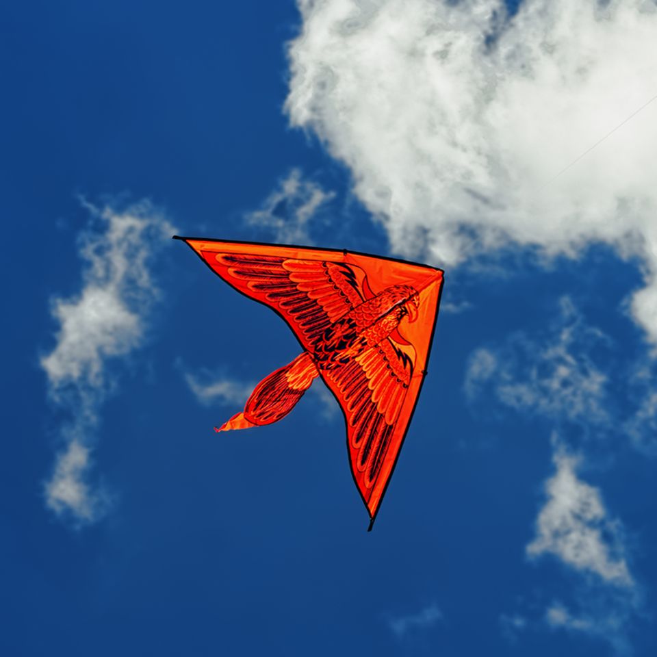 Flugdrachen aus Holz fliegt am Himmel