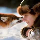 Füchsin Sophie leckt einer Frau die Nase