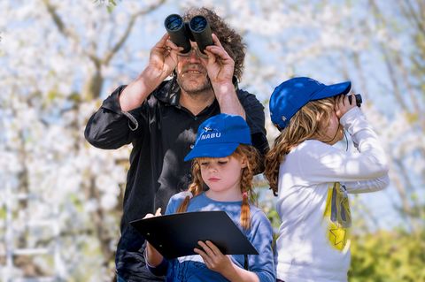 Familie beobachtet Vögel mit Fernglas