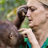 Signe Preuschoft mit Affen im Arm