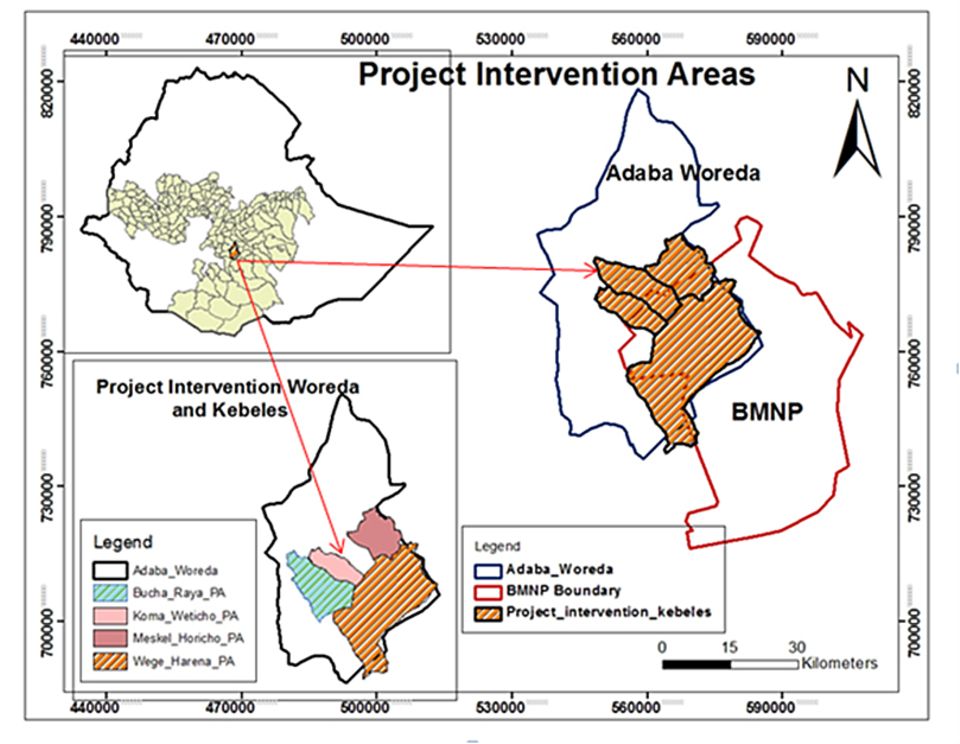 Äthiopien: Das Projektgebiet (braun) südlich der äthiopischen Hauptstadt im Distrikt Adaba (blaue Umrandung) liegt zum Großteil im Bale Mountains Nationalpark (rote Umrandung) Äthiopien: Das Projektgebiet (braun) südlich der äthiopischen Hauptstadt im Distrikt Adaba (blaue Umrandung) liegt zum Großteil im Bale Mountains Nationalpark (rote Umrandung)