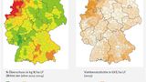 Landwirtschaftlicher Flächenbilanzüberschuss für Stickstoff (a) und Viehbesatzdichte (b) auf Kreisebene