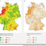 Landwirtschaftlicher Flächenbilanzüberschuss für Stickstoff (a) und Viehbesatzdichte (b) auf Kreisebene