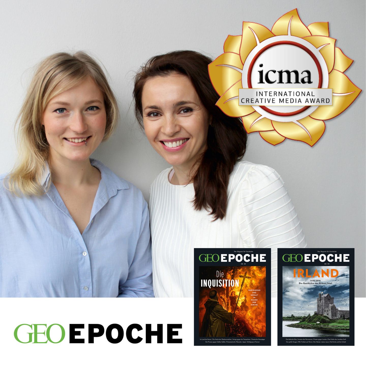 International Creative Media Award: Das Layout-Team von GEO EPOCHE (v.l.: Eva Mitschke, Tatjana Lorenz) freut sich über mehrere Auszeichnungen – und mit ihm die gesamte Redaktion