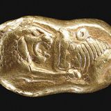 Goldmünze aus Sardes (Mitteltürkei) c. 560-547 v. Chr. Zur Zeit des Königs Krösus