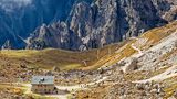 Blick von den Drei Zinnen zu den Cadinispitzen, Dolomiten, Suedtirol