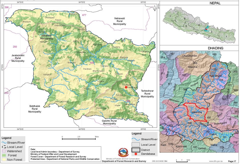 Nepal: Der Distrikt Dhading (u. re.) liegt mitten in Nepal (o. re.). Danda Basaha (roter Punkt u. li.) gehört zum Bezirk Nilkantha (rot umrandet u. re.) von Dhading Der Distrikt Dhading (u. re.) liegt mitten in Nepal (o. re.). Danda Basaha (roter Punkt u. li.) gehört zum Bezirk Nilkantha (rot umrandet u. re.) von Dhading