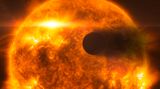 Künstlerische Darstellung eines Exoplaneten vor dem Stern HD 189733A