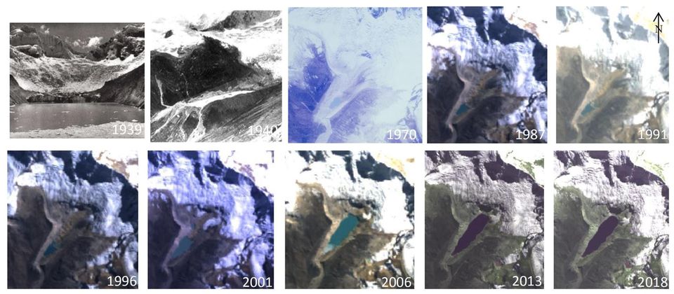 Historische Fotografien (die ersten drei Bilder) und Satellitenaufnahmen zeigen, wie der Gletscher schmilzt und der Palcacochasee dadurch stetig wächst. Der See hat jetzt ungefähr das 34-Fache seines Volumens im Jahr 1970 Historische Fotografien (die ersten drei Bilder) und Satellitenaufnahmen zeigen, wie der Gletscher schmilzt und der Palcacochasee dadurch stetig wächst. Der See hat jetzt ungefähr das 34-Fache seines Volumens im Jahr 1970