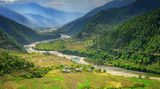 Reisfelder und Häuser im Punakha-Tal, Bhutan