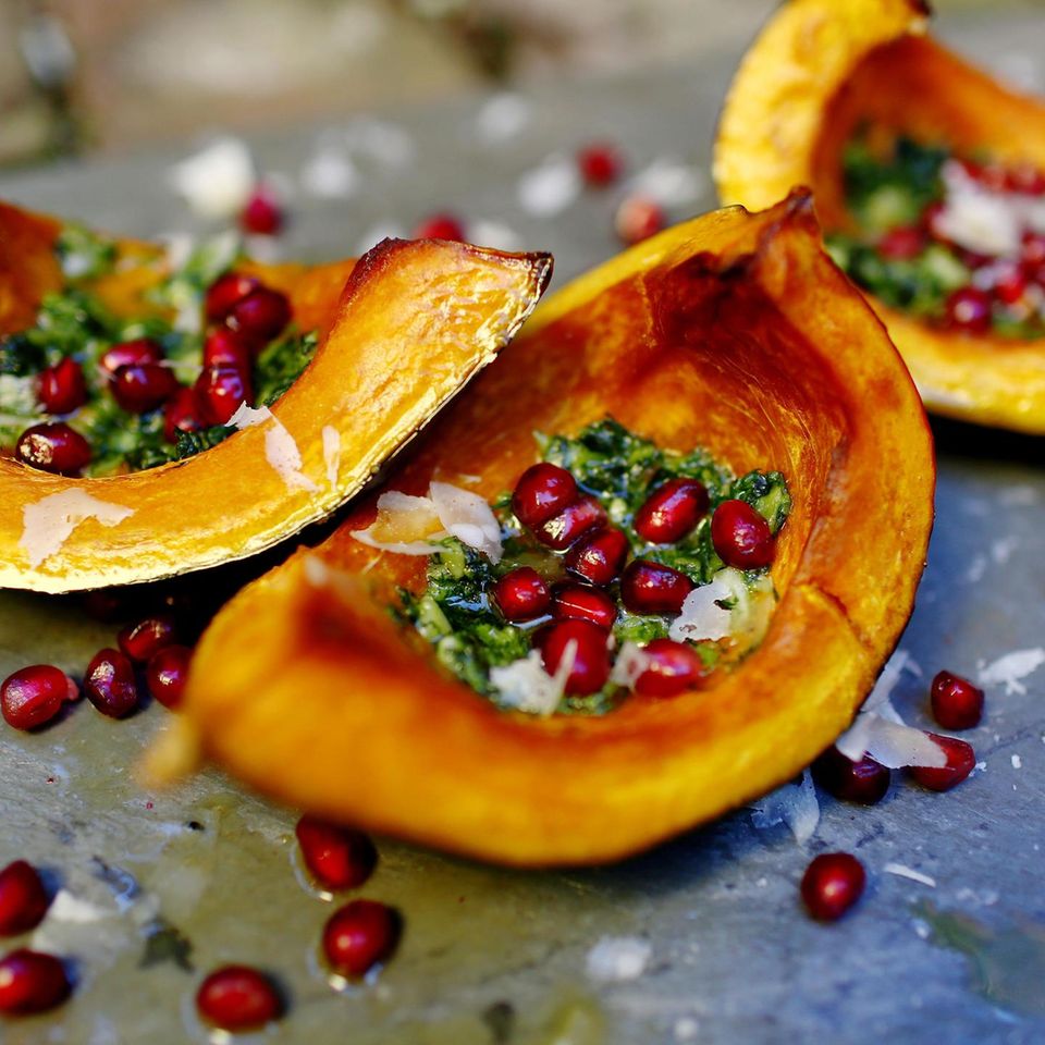 Roasted squash with pomegranate seeds and homemade pesto