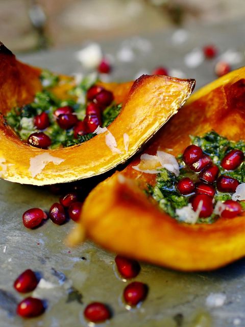Roasted squash with pomegranate seeds and homemade pesto