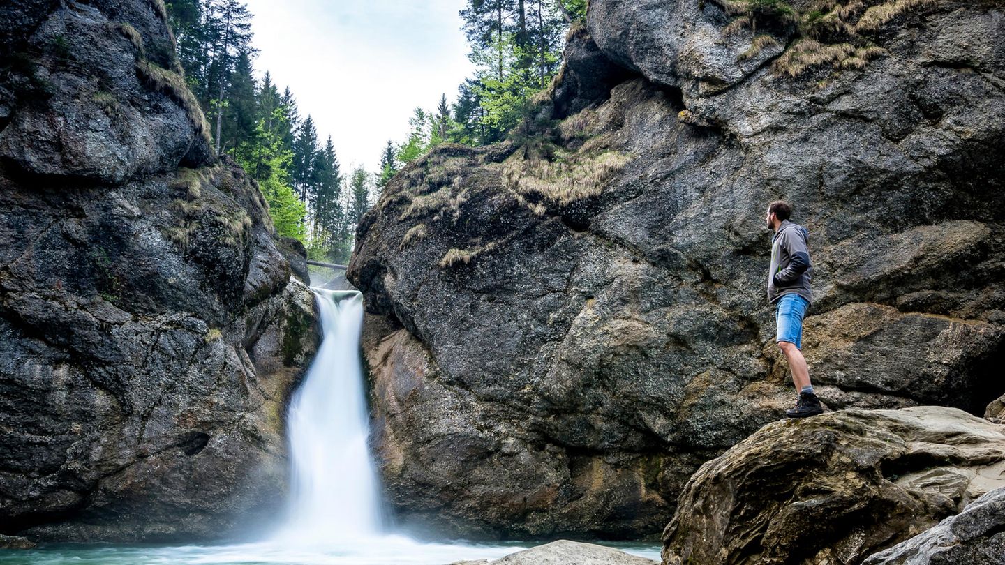 Wanderung zu den Buchenegger Wasserfällen Mann betrachtet von einem Felsen aus den Buchenegger Wasserfall