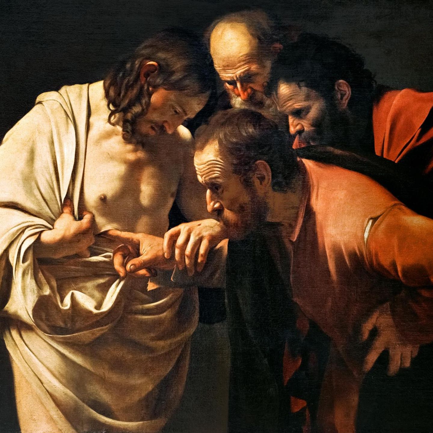 Der italienische Barockkünstler Caravaggio, von dem alle Abbildungen in diesem Beitrag stammen, malt zahlreiche Szenen aus Jesu Leben und Tod. In diesem Gemälde zeigt er die Skepsis eines Jüngers, der die Wunden des angeblich Auf­erstandenen untersucht (»Der ungläubige Thomas«, um 1603)