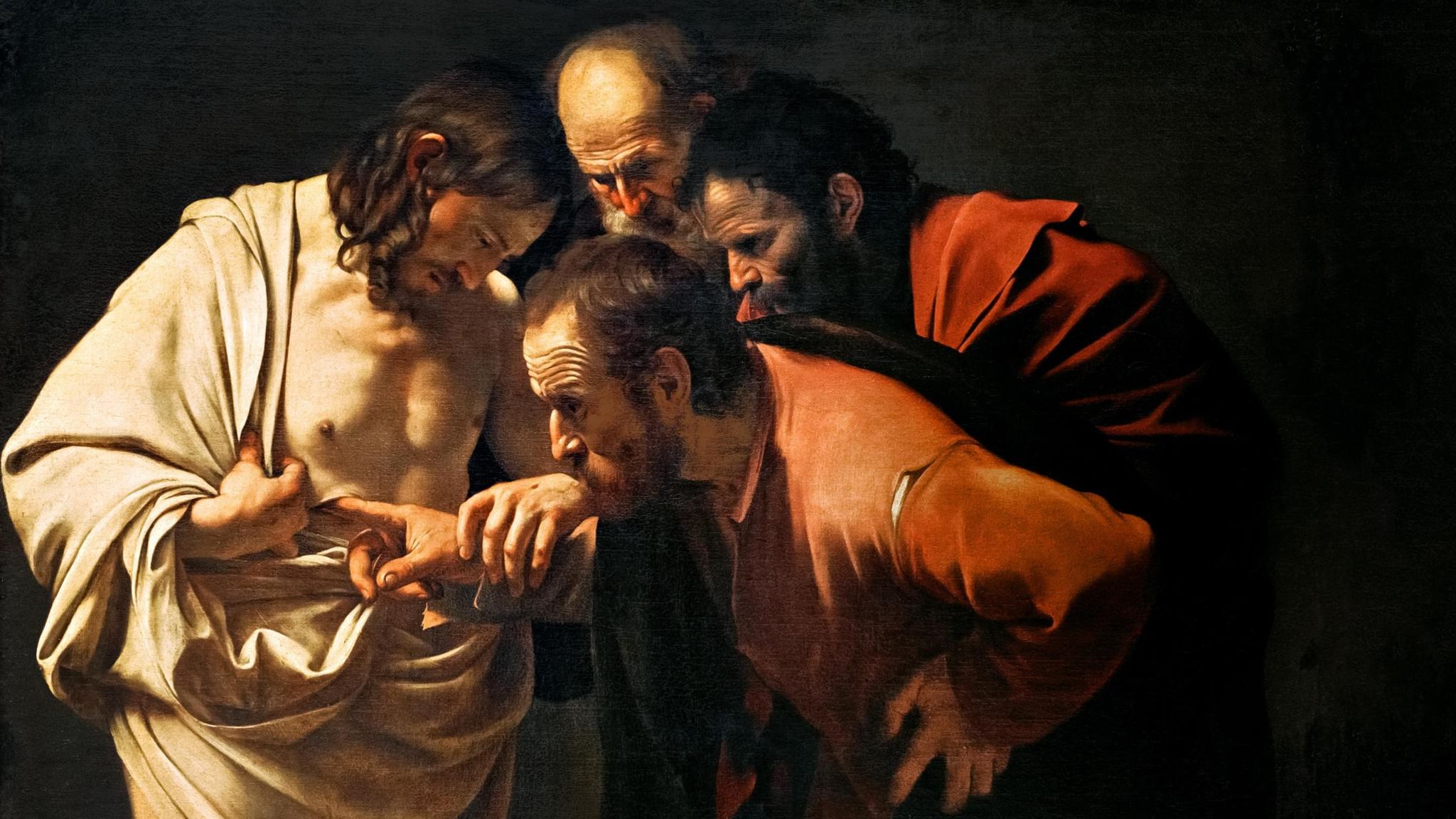 Der italienische Barockkünstler Caravaggio, von dem alle Abbildungen in diesem Beitrag stammen, malt zahlreiche Szenen aus Jesu Leben und Tod. In diesem Gemälde zeigt er die Skepsis eines Jüngers, der die Wunden des angeblich Auf­erstandenen untersucht (»Der ungläubige Thomas«, um 1603)