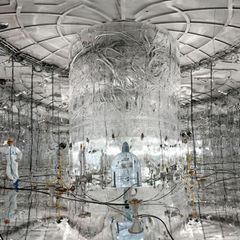 Unterirdisches Versuchslabor für Elementarteilchenphysik: Einblicke in das Laboratori Nazionali del Gran SassoThe inner walls of the water tank are covered by a reflecting foil improving the light detection. This permits the identification of cosmic m...