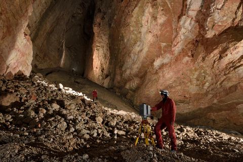 After negotiating a deep pit and passing through a giant ice cork in the entrance series of El Cenote (cave) in the Italian Dolomites, we descended into a large cathedral-shaped chamber at the bottom. We set to work building up a 3D laser scan of the sp...