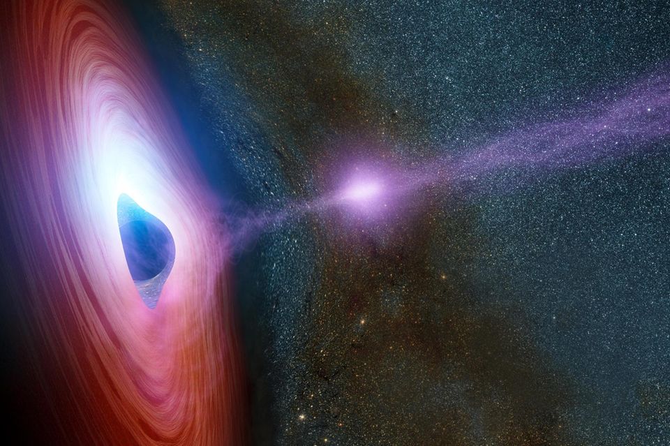 Die größten Schwarzen Löcher (hier eine Simulation) ziehen derart gewaltige Mengen von Materie aus dem Kosmos an, dass die sich in einer rotierenden Scheibe und einer extrem heißen Zone, der Korona (Bildmitte) verdichtet