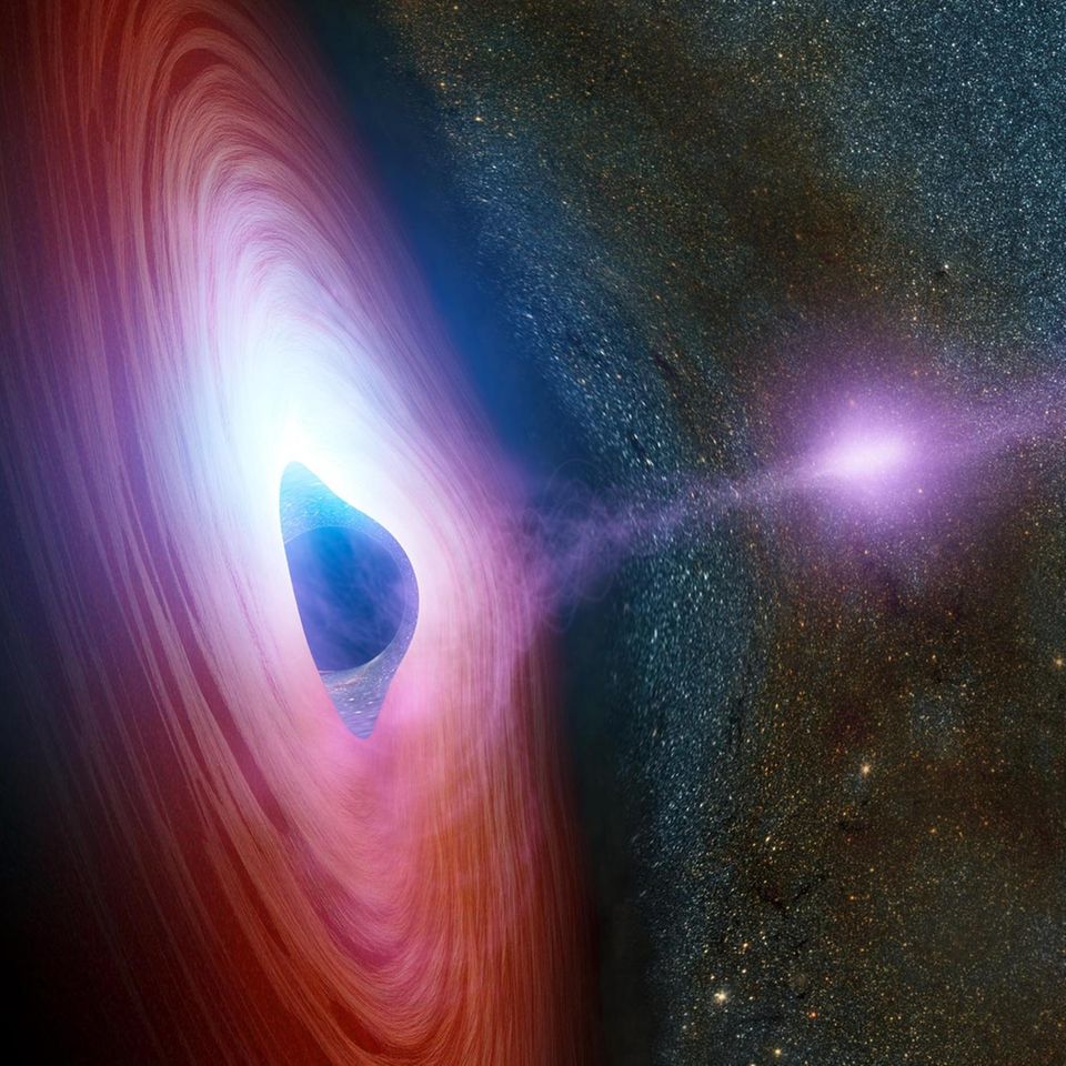 Die größten Schwarzen Löcher (hier eine Simulation) ziehen derart gewaltige Mengen von Materie aus dem Kosmos an, dass die sich in einer rotierenden Scheibe und einer extrem heißen Zone, der Korona (Bildmitte) verdichtet