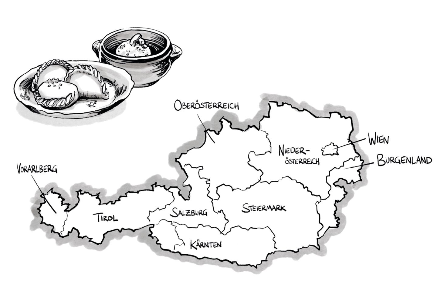 Karte von Österreich und Knödel mit Nudeln