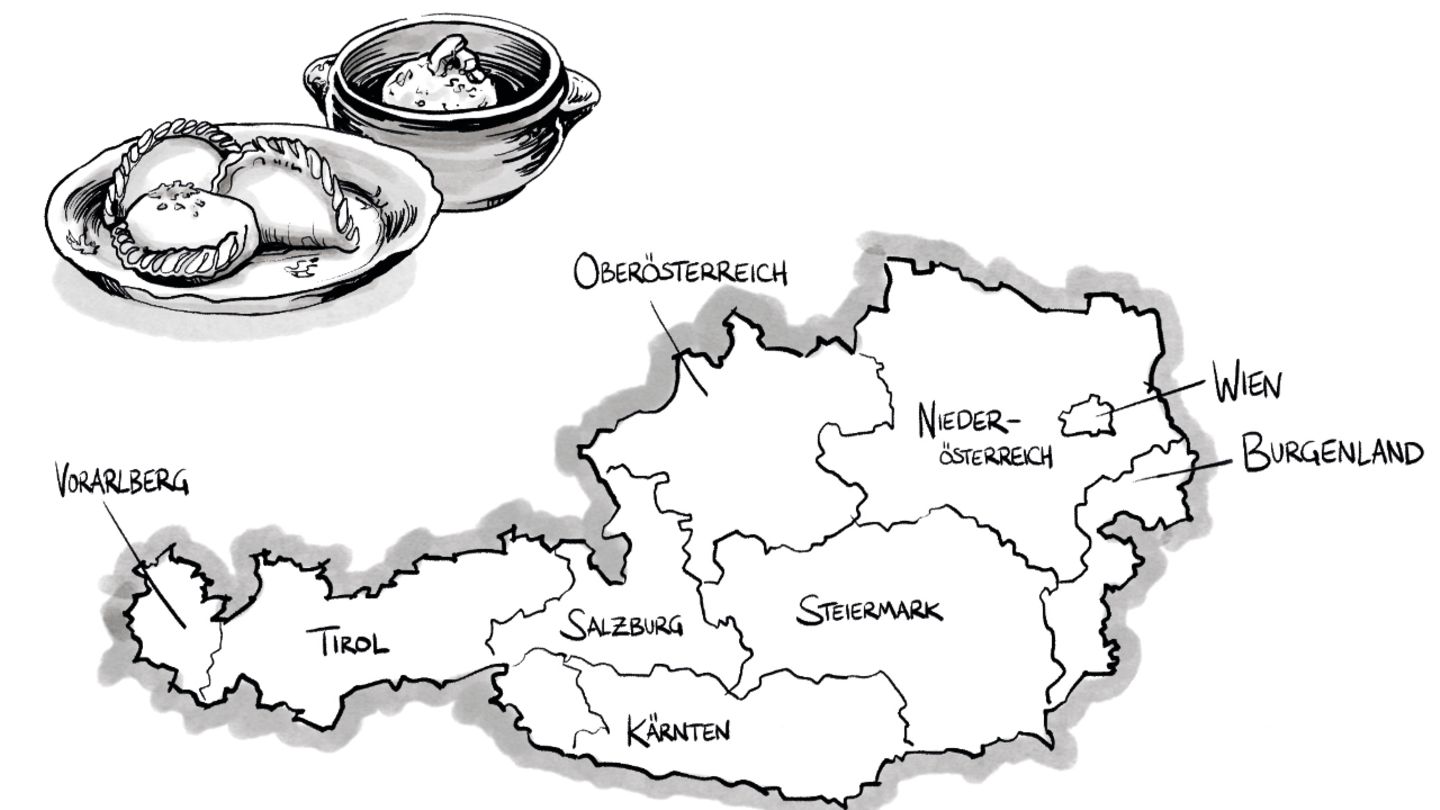 Karte von Österreich und Knödel mit Nudeln