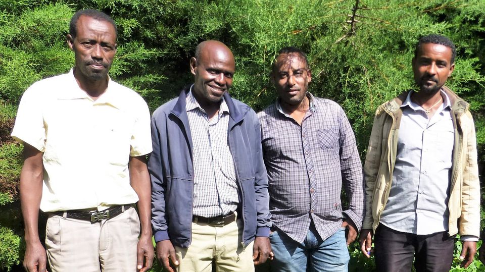 Äthiopien: Abebe Magnecho, Leiter der Farmers Union (li.), neben ihm Tamiru Haile (Leiter des PFM-Teams), und die PFM-Experten Negash und Asres Ademe Abebe Magnecho, Leiter der Farmers Union (li.), neben ihm Tamiru Haile (Leiter des PFM-Teams), und die PFM-Experten Negash und Asres Ademe