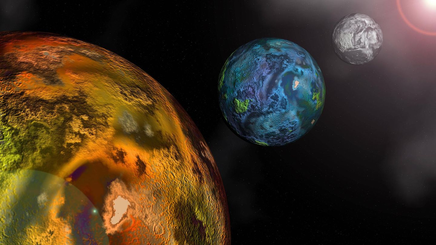 Illustration der Planeten Mars, Erde und Mond im Sonnensystem
