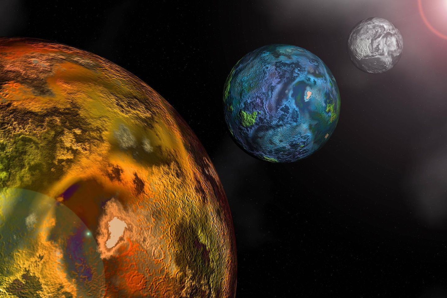 Illustration der Planeten Mars, Erde und Mond im Sonnensystem
