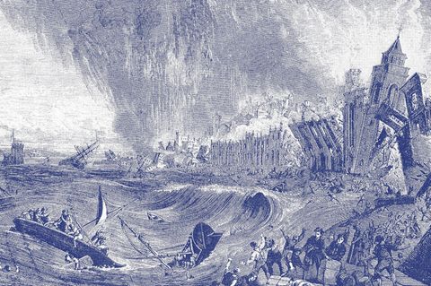 Eine zwölf Meter hohe Flutwelle trifft die Stadt gleich nach dem Ende des Bebens. Die Gewalt der Wassermassen zermalmt Schiffe, Bauten, Tiere, Menschen